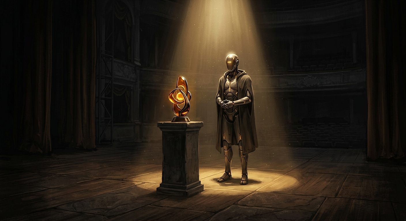 A synthetic figure stands in a spotlight, a single award glowing in the darkness.