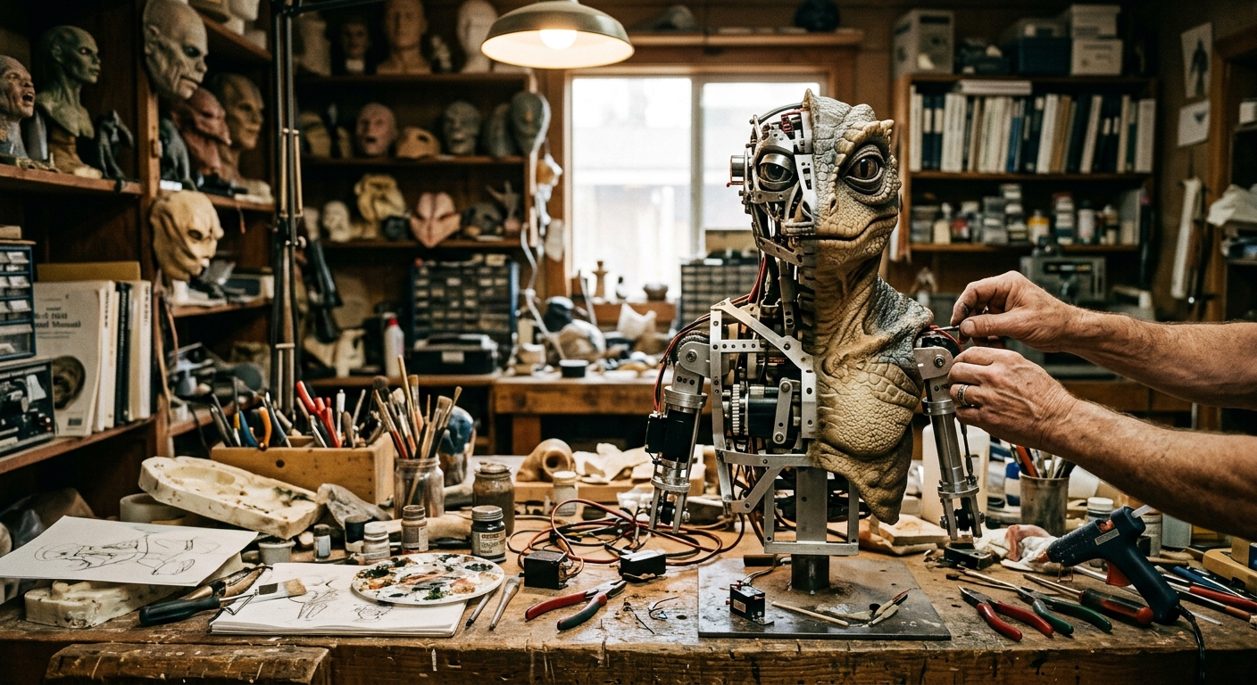A large mechanical creature head in a workshop, hydraulics and servos visible, dramatically lit — beside it, a digital render of the same creature.