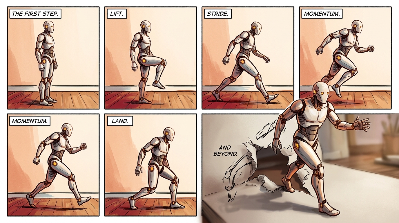 Comic panels in sequence beside a strip of animation frames — both showing the same figure mid-gesture, both relying on the reader's imagination to complete the movement.