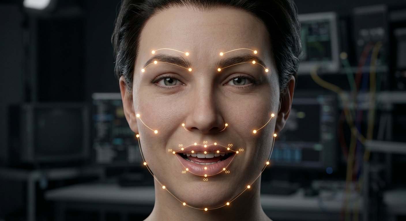 A synthetic face bisected vertically: on the left, the mesh and blend shape controls visible beneath the surface; on the right, the finished face expressing thought.