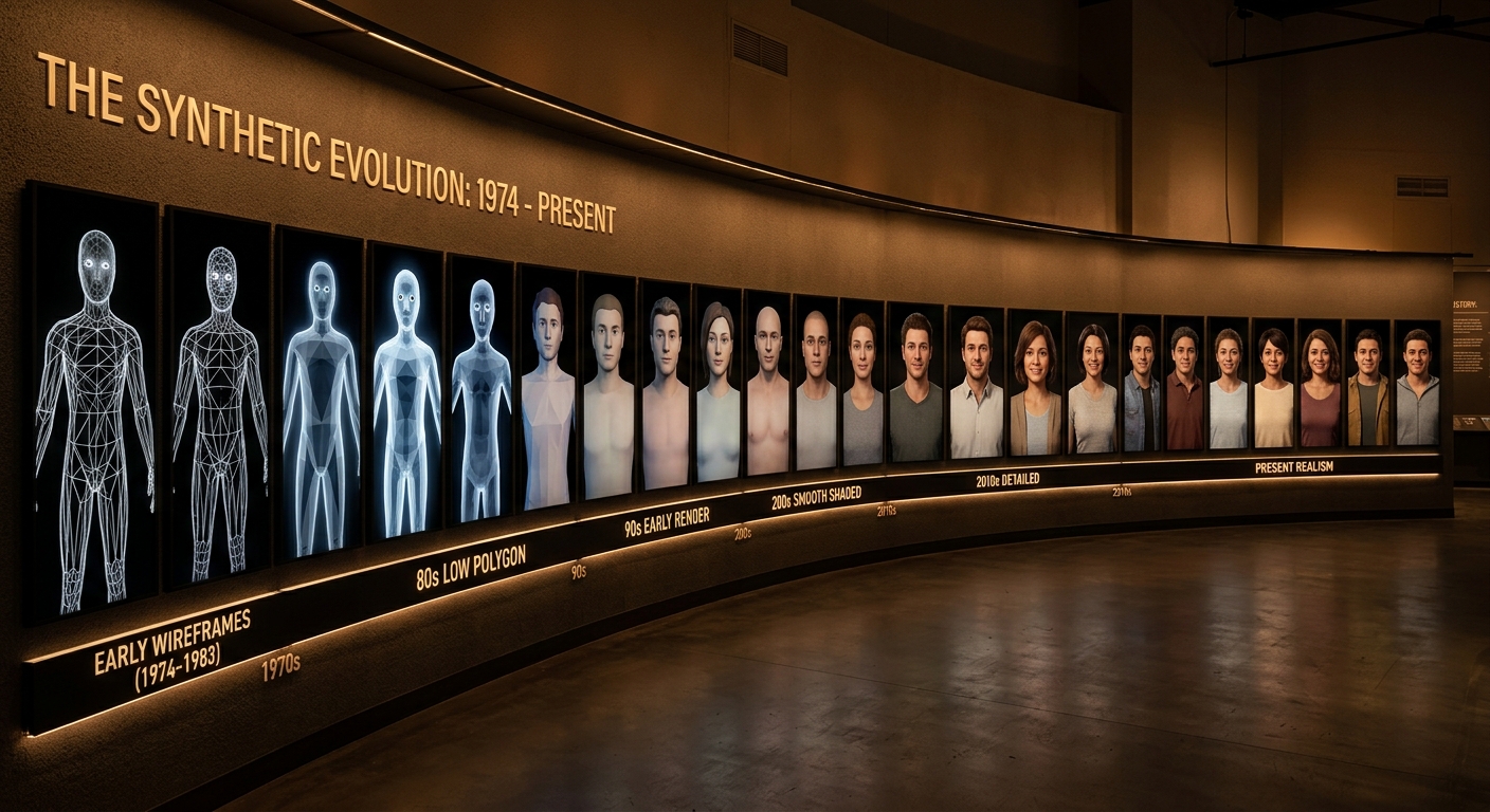 A timeline of digital figures evolving from wireframe to sprite to photorealism to generative AI — each stage lit differently, each stage asking the same question.