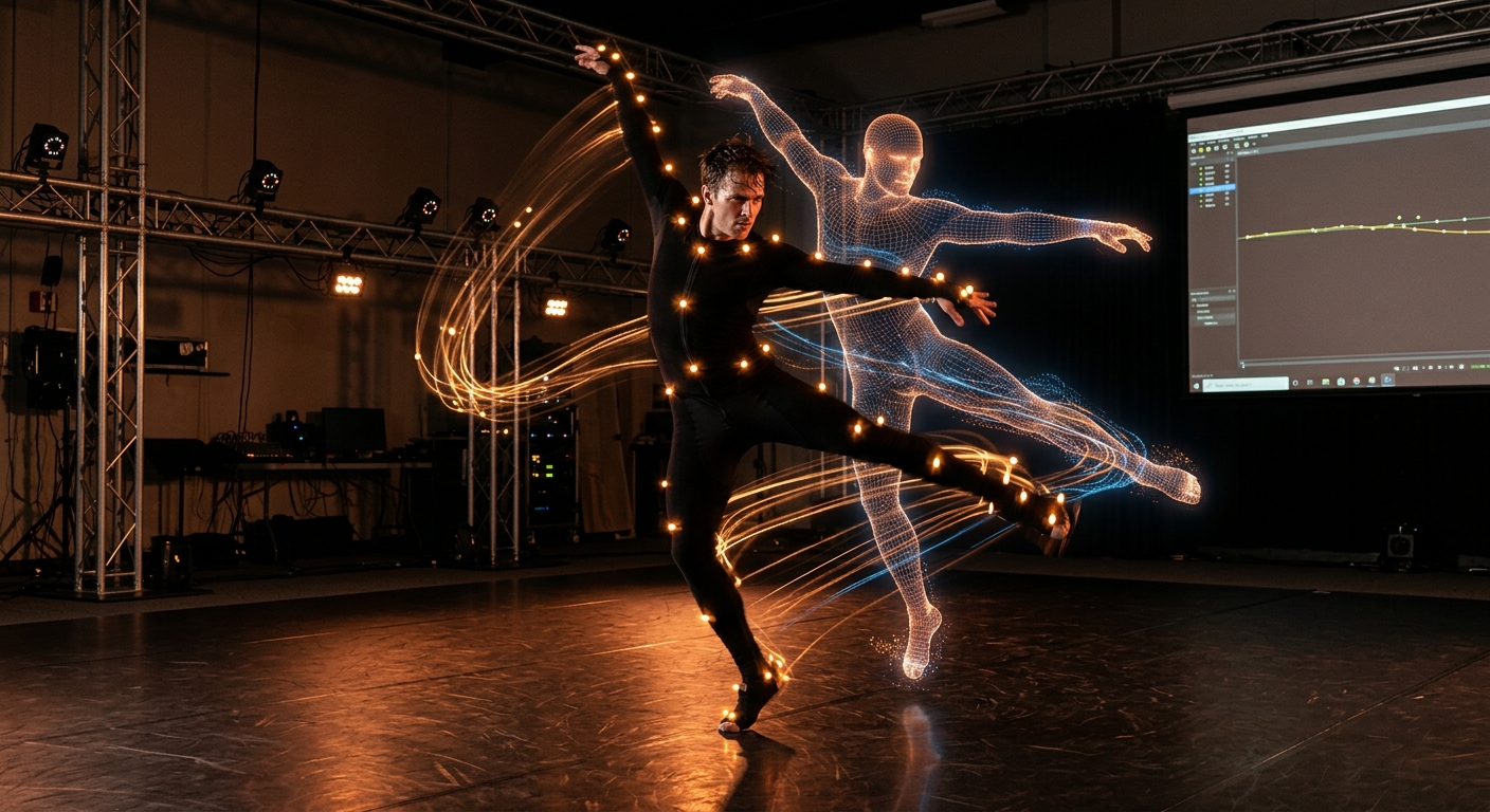 A performer in a motion capture suit, markers glowing, surrounded by tracking cameras in a dark studio — and beside them, their digital counterpart moving in exact synchrony.