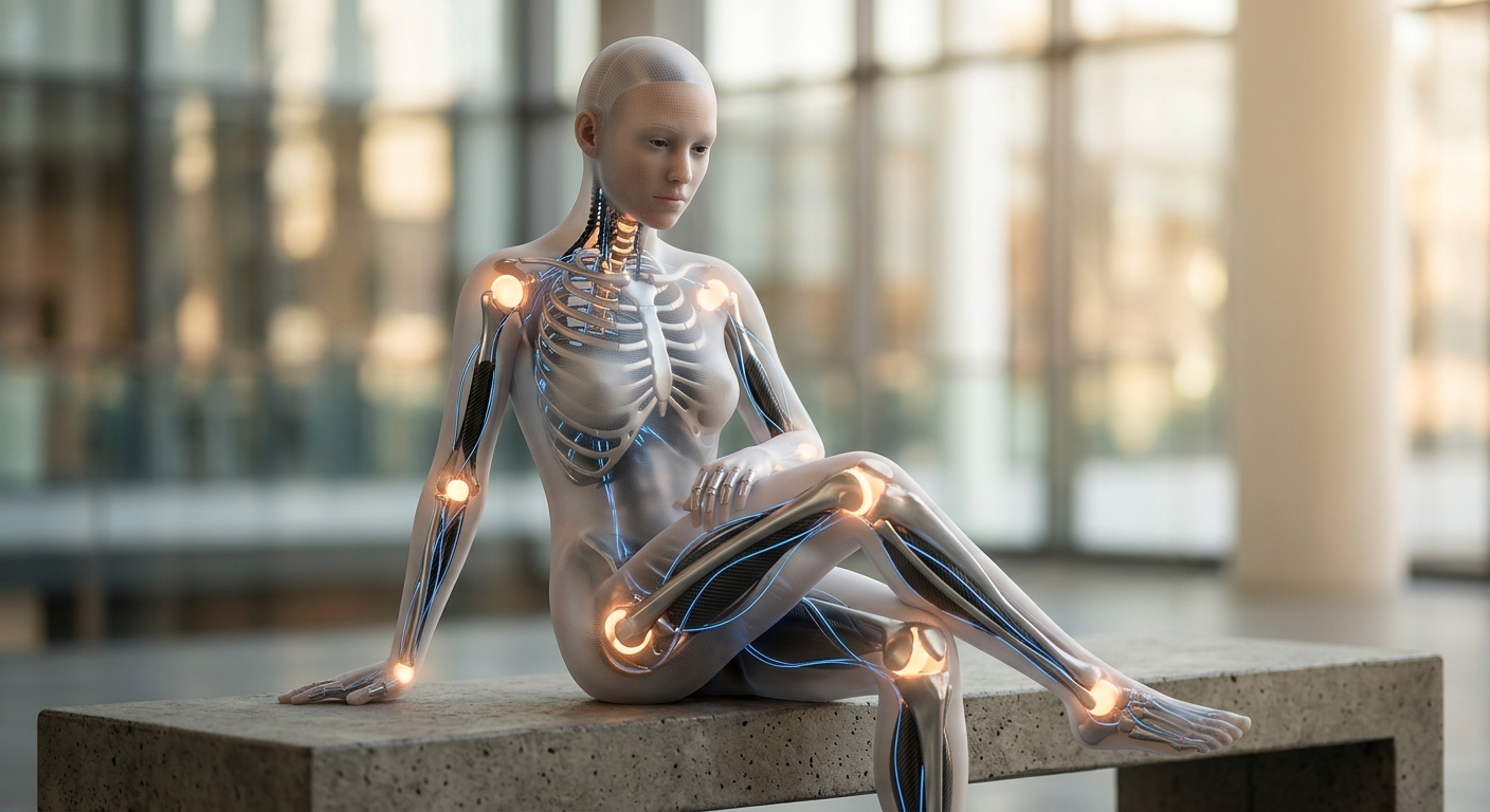 A character skeleton visible inside a mesh, joints and bones illuminated, the instrument inside the instrument.