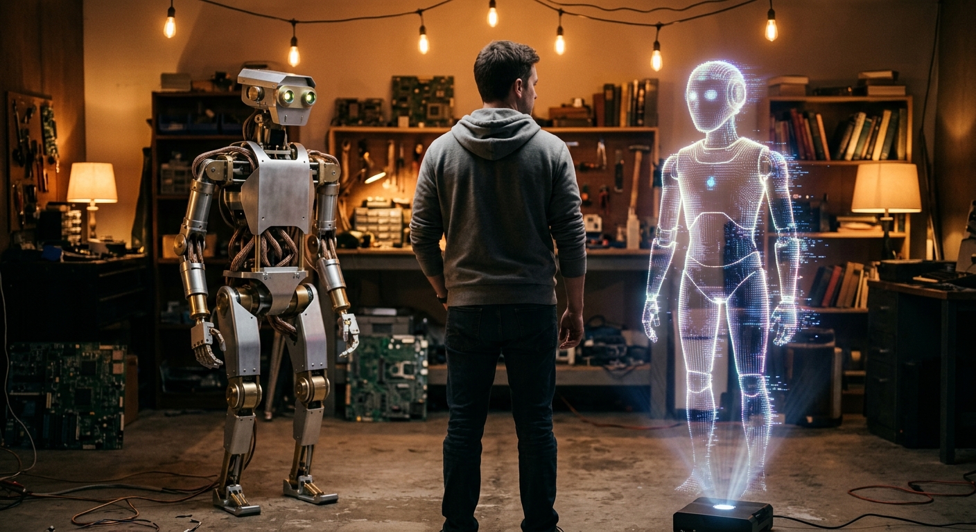 Four synthetic performers side by side: a medical simulation patient on a hospital bed, a theme park animatronic figure mid-gesture, a humanoid robot in a corridor, and a digital avatar on a screen — each a different kind of stage.