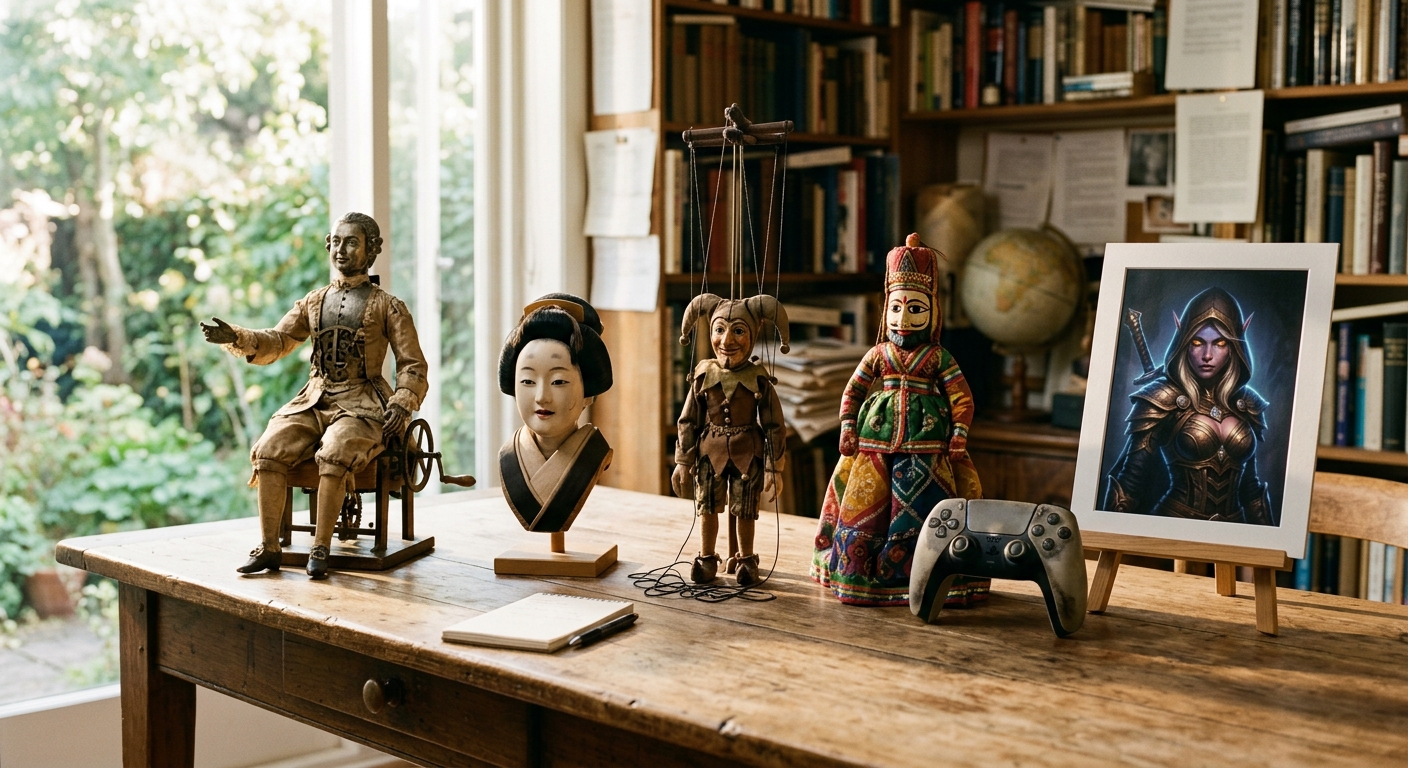 Ancient puppets and mechanical automata arranged in amber light beside a modern AI companion robot — ancestors and descendants of the synactor.